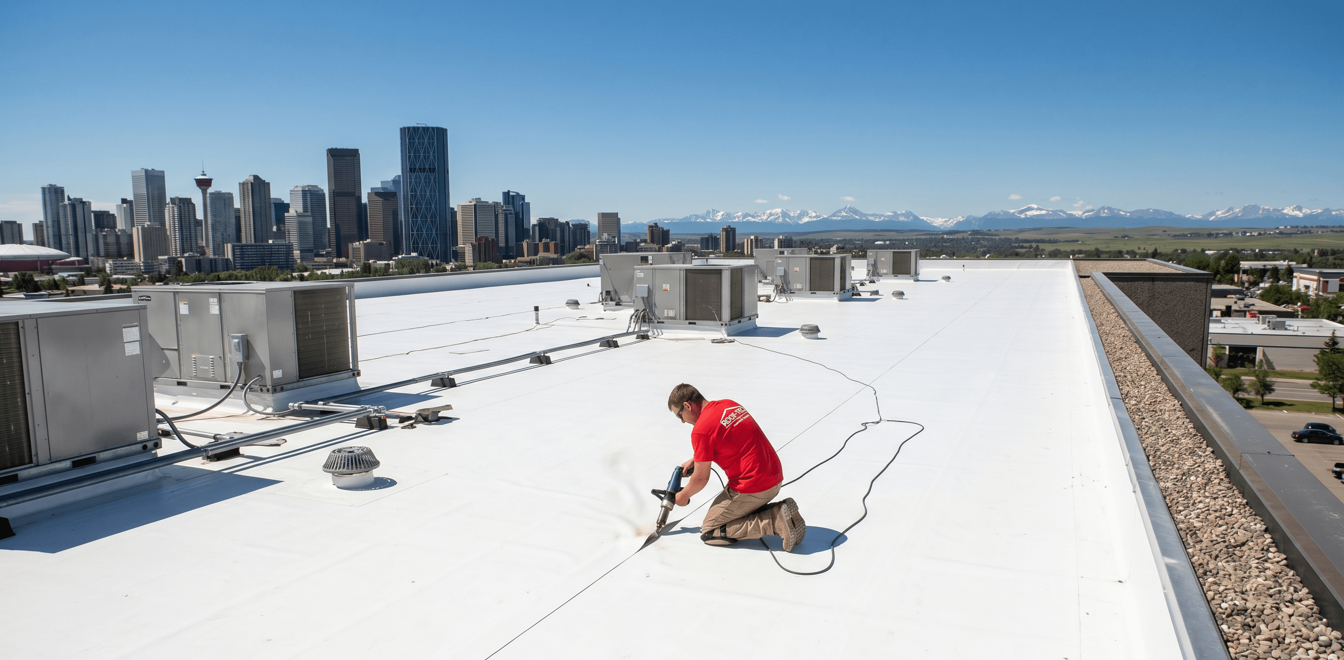 Commercial membrane roofing in progress on a Calgary flat roof