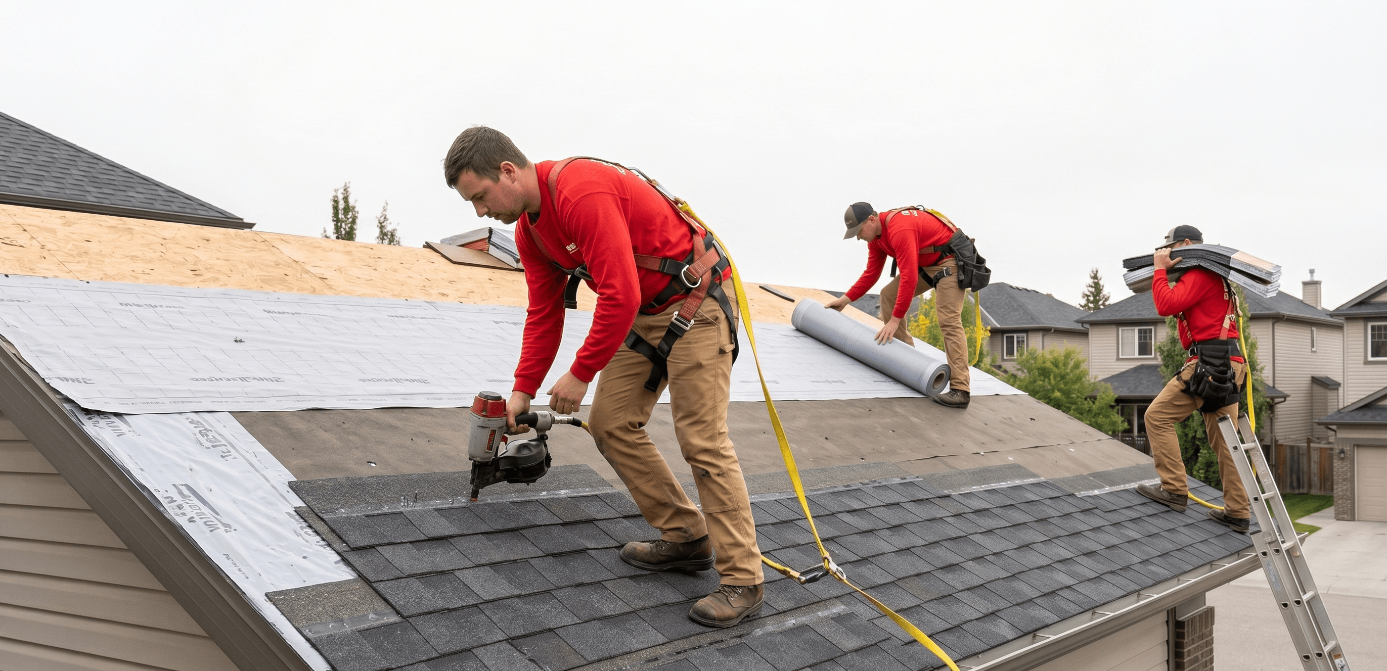 Good Roofing crew installing dark architectural shingles on a Calgary residential roof