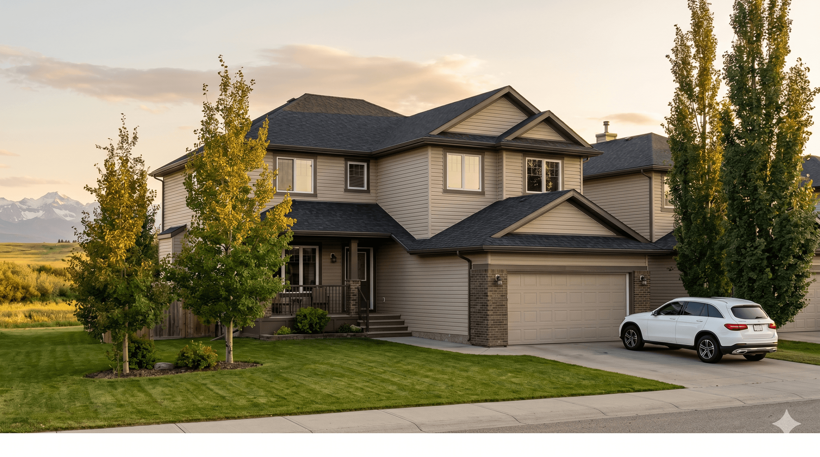 A Calgary home with a new architectural-shingle roof at golden hour, Rocky Mountains in the distance