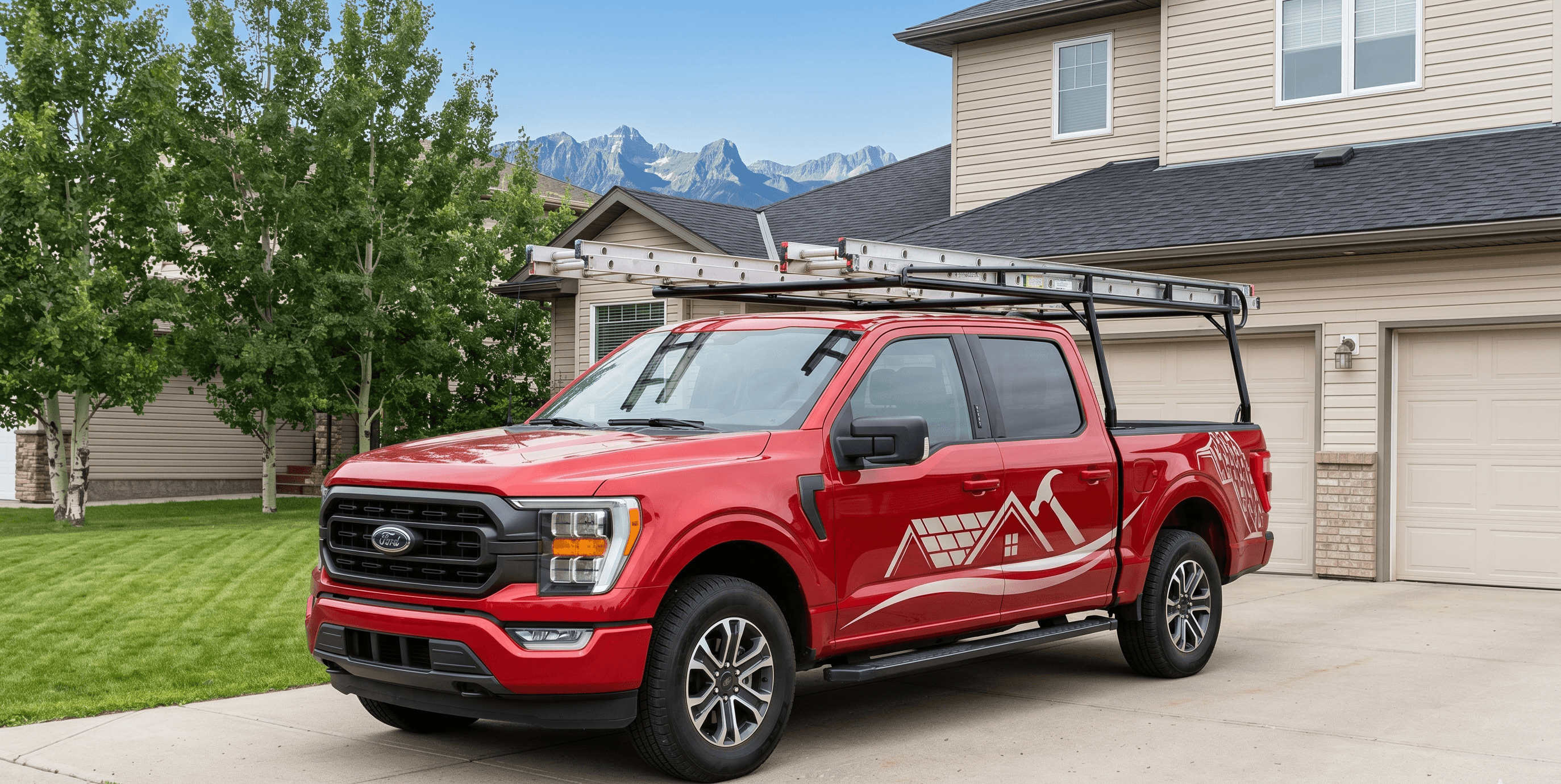 Good Roofing branded work truck parked outside a Calgary home